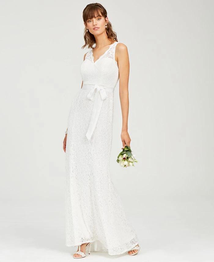 Adrianna Papell Women's Lace V-Neck Satin Sash Gown 1 Adrianna Papell Women's Lace V-Neck Satin Sash Gown