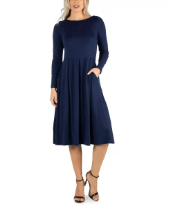 24Seven Comfort Apparel Women's Midi Length Fit And Flare Pocket Dress