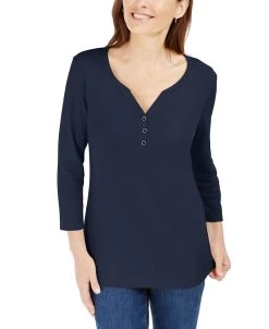 Karen Scott Cotton Henley V-Neck Top, Created For Macy's