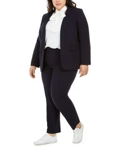 Bar III Trendy Plus Size Open-Front Blazer, Tie-Neck Blouse & Ankle Pants, Created For Macy's