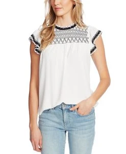 CeCe Women's Flutter-Sleeve Smocked Short Sleeve Top