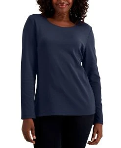 Karen Scott Long Sleeve Cotton Scoop-Neckline Top, Created For Macy's