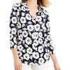 Charter Club Women's Floral-Print Pleated-Neck Top, Created For Macy's