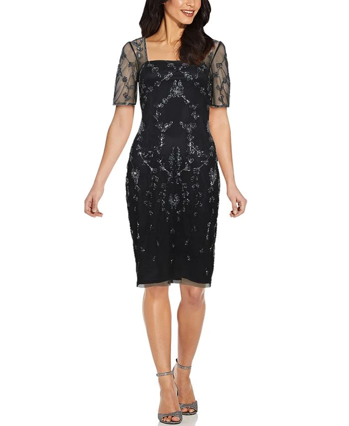 Papell Studio Mesh-Sleeve Beaded Dress 1 Papell Studio Mesh-Sleeve Beaded Dress