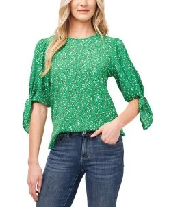 CeCe Women's Printed Tie-Sleeve Elbow Sleeve Blouse