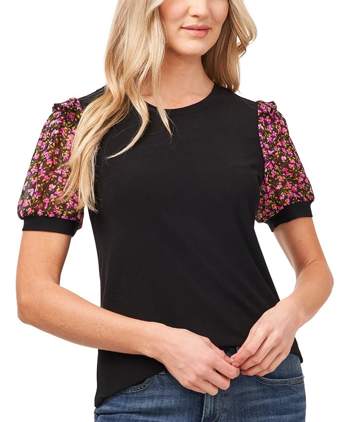 CeCe Women's Short Sleeve Floral Puff-Sleeve Knit Top 1 CeCe Women's Short Sleeve Floral Puff-Sleeve Knit Top
