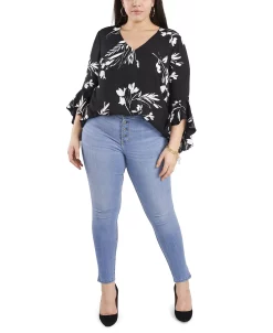 Vince Camuto Plus Size Flutter Sleeve Floral Whisps V-Neck Tunic -Anne Klein Sales Store 18984582 fpx