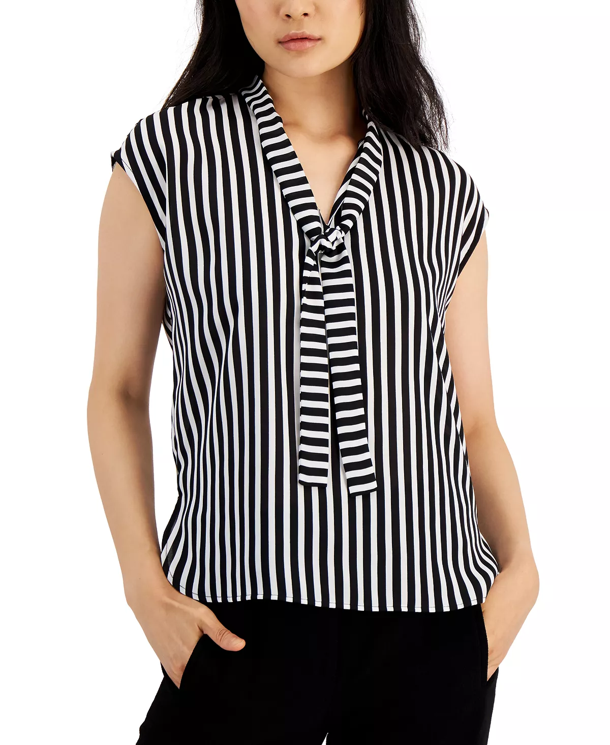 Bar III Women's Striped Tie-Neck Top, Created For Macy's 3 Bar III Women's Striped Tie-Neck Top, Created For Macy's - Image 3