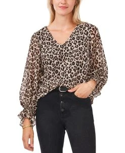 Vince Camuto Leopard-Print Smocked-Cuff Top