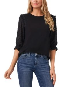 CeCe Women's Ruffle Mixed-Media Elbow Sleeve Blouse