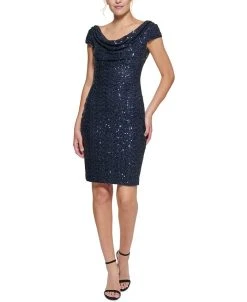 Vince Camuto Draped-Neck Sequinned Bodycon Dress