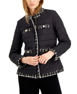 Anne Klein Quilted Tweed-Trim Puffer Jacket