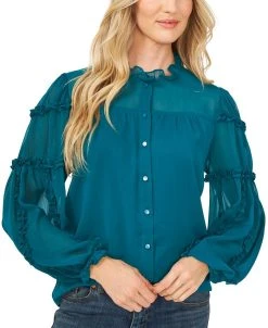 CeCe Women's Solid Ruffled-Sleeve Button-Down Blouse