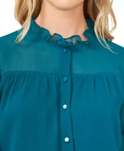 CeCe Women's Solid Ruffled-Sleeve Button-Down Blouse -Anne Klein Sales Store 19850365 fpx