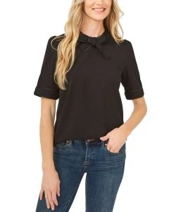 CeCe Women's Faux Suede-Trimmed Tie-Neck Short Sleeve Blouse