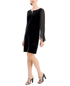Connected Velvet Sheer-Sleeve Dress