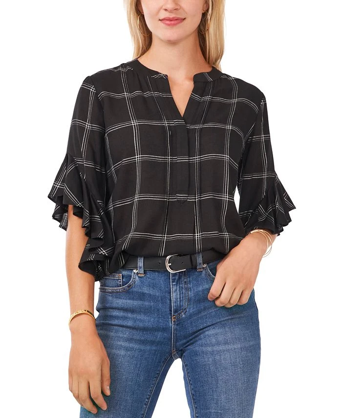 Vince Camuto Plaid Flutter-Sleeve Henley Blouse 1 Vince Camuto Plaid Flutter-Sleeve Henley Blouse