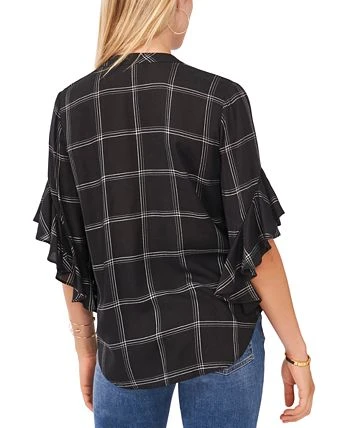 Vince Camuto Plaid Flutter-Sleeve Henley Blouse 2 Vince Camuto Plaid Flutter-Sleeve Henley Blouse - Image 2