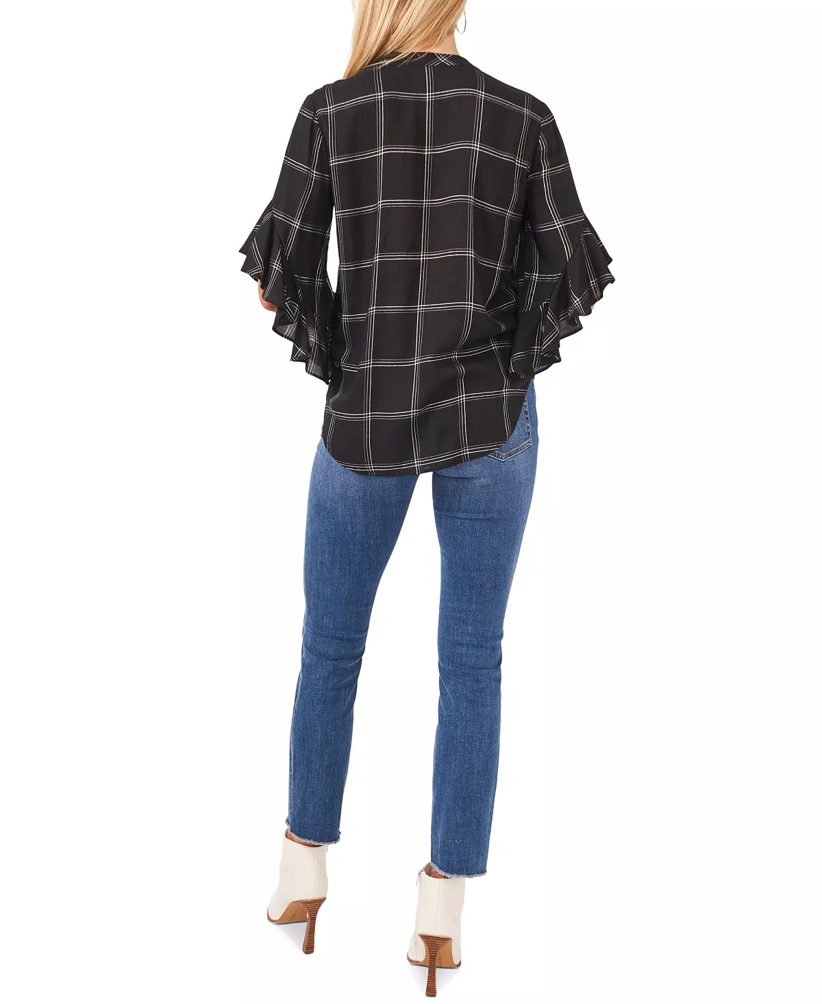 Vince Camuto Plaid Flutter-Sleeve Henley Blouse 4 Vince Camuto Plaid Flutter-Sleeve Henley Blouse - Image 4