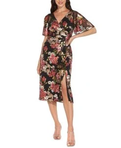 Adrianna Papell Floral-Print Metallic Flutter-Sleeve Dress
