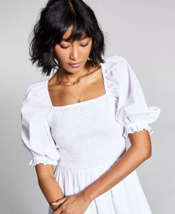 And Now This Women's Cotton Smocked Puffed Sleeve Midi Dress -Anne Klein Sales Store 20058015 fpx