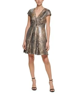 Vince Camuto Metallic Jacquard V-Neck Dress