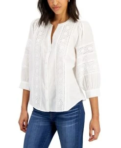 Charter Club Women's Woven Eyelet Cotton Blouse, Created For Macy's