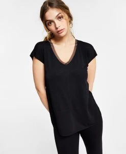 Bar III V-Neck Mixed-Media Mesh Top, Regular & Petite, Created For Macy's