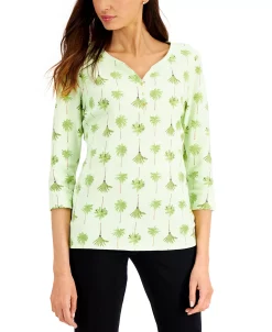 Karen Scott Women's Palm Row Henley Top, Created For Macy's