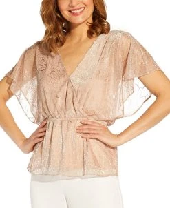 Adrianna Papell Flutter-Sleeve Metallic-Print Top