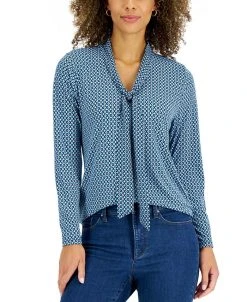 Charter Club Women's Geo Printed Tie-Neck Blouse, Created For Macy's