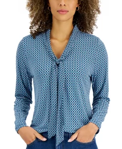 Charter Club Women's Geo Printed Tie-Neck Blouse, Created For Macy's -Anne Klein Sales Store 21585219 fpx