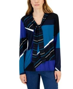 Charter Club Olorblock Tie Neck Blouse, Created For Macy's