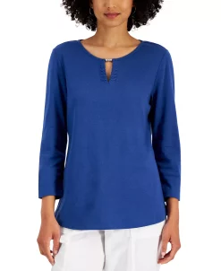 Karen Scott Women's Cotton Split-Neck Hardware Top, Created For Macy's -Anne Klein Sales Store 21595685 fpx