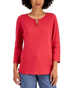 Karen Scott Women's Cotton Split-Neck Hardware Top, Created For Macy's -Anne Klein Sales Store 21595686 fpx