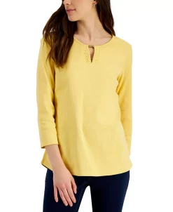 Karen Scott Women's Cotton Split-Neck Hardware Top, Created For Macy's -Anne Klein Sales Store 21595687 fpx