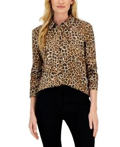 Charter Club Women's Embellished Leopard Buttoned Top, Created For Macy's