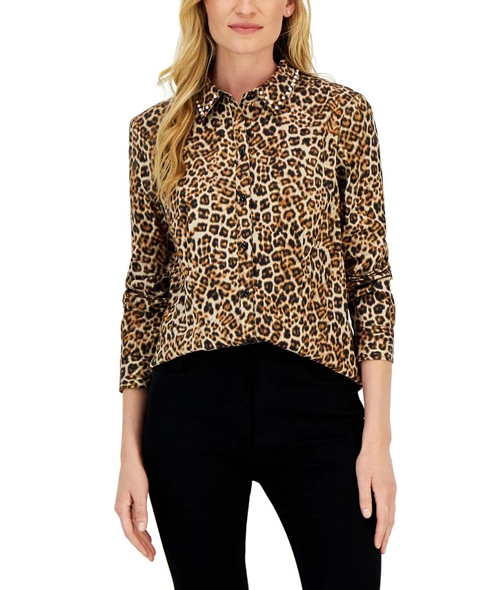 Charter Club Women's Embellished Leopard Buttoned Top, Created For Macy's 1 Charter Club Women's Embellished Leopard Buttoned Top, Created For Macy's