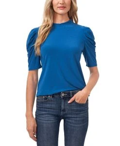 CeCe Women's Puff-Sleeve Ruffled-Neck Short Sleeve Knit Top