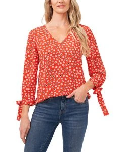 CeCe Women's Floral-Print Tie-Sleeve Top