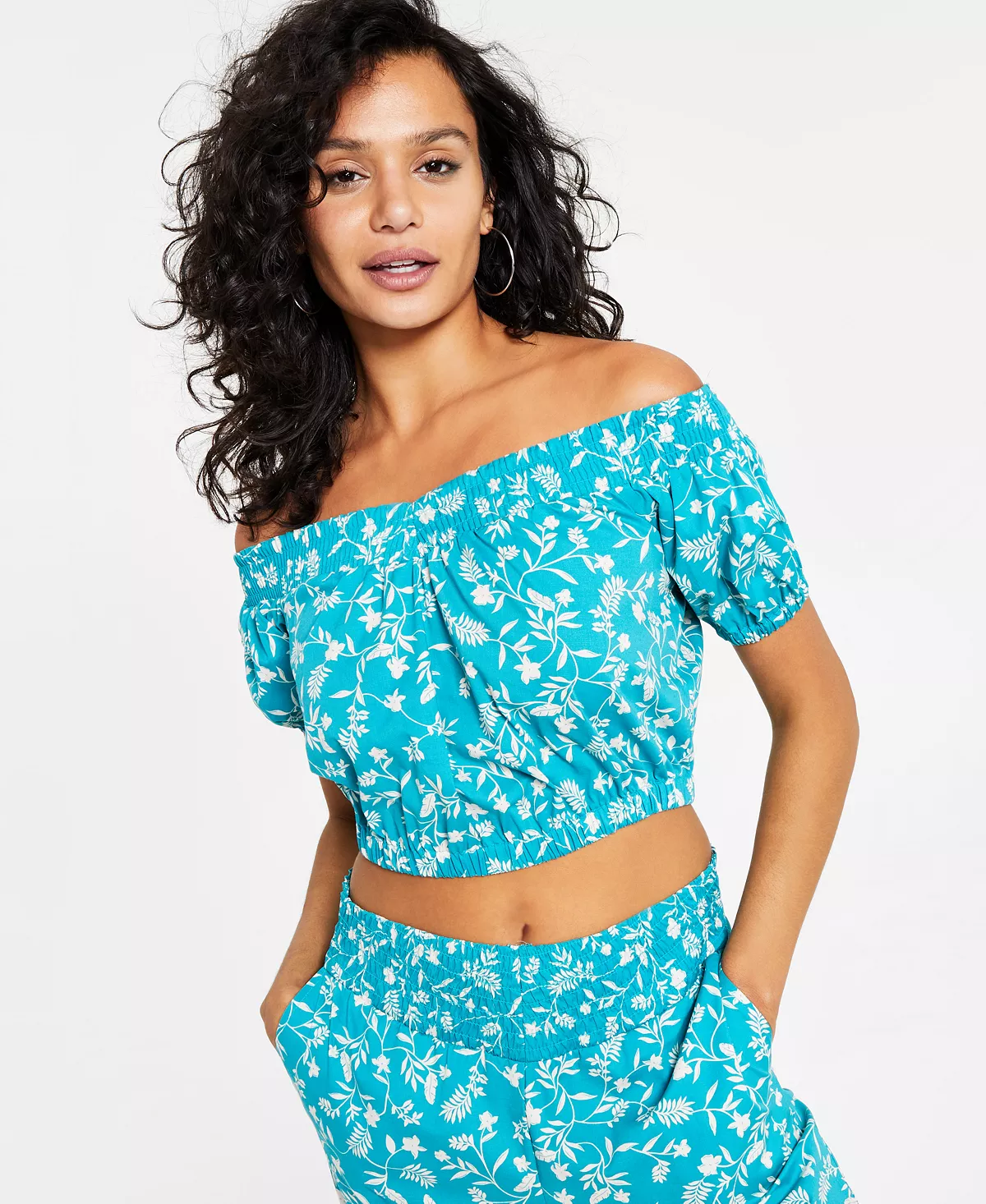 Bar III Women's Printed Off-The-shoulder Smocked Top, Created For Macy's 2 Bar III Women's Printed Off-The-shoulder Smocked Top, Created For Macy's - Image 2