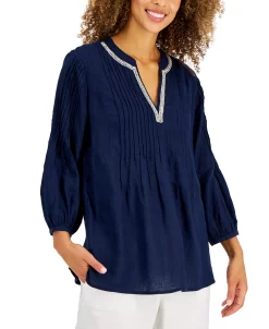 Charter Club Women's Puff-Sleeve Linen Tunic, Created For Macy's