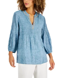Charter Club Women's Puff-Sleeve Linen Tunic, Created For Macy's -Anne Klein Sales Store 21674351 fpx
