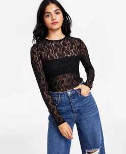 Bar III Women's Lace Long-Sleeve Bodysuit, Created For Macy's -Anne Klein Sales Store 21748501 fpx