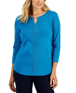 Karen Scott Women's 3/4-Sleeve Crochet Detail Top, Created For Macy's -Anne Klein Sales Store 21768620 fpx