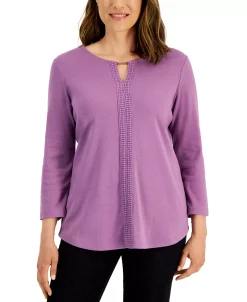 Karen Scott Women's 3/4-Sleeve Crochet Detail Top, Created For Macy's -Anne Klein Sales Store 21768621 fpx