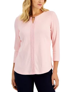 Karen Scott Women's 3/4-Sleeve Crochet Detail Top, Created For Macy's -Anne Klein Sales Store 21768623 fpx