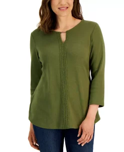 Karen Scott Women's 3/4-Sleeve Crochet Detail Top, Created For Macy's -Anne Klein Sales Store 21768624 fpx