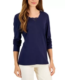 Karen Scott Women's Long Sleeve Lace Inset V-Neck, Created For Macy's -Anne Klein Sales Store 21769045 fpx