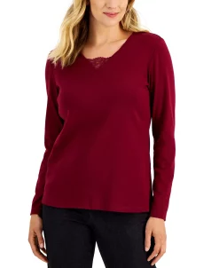 Karen Scott Women's Long Sleeve Lace Inset V-Neck, Created For Macy's -Anne Klein Sales Store 21769046 fpx